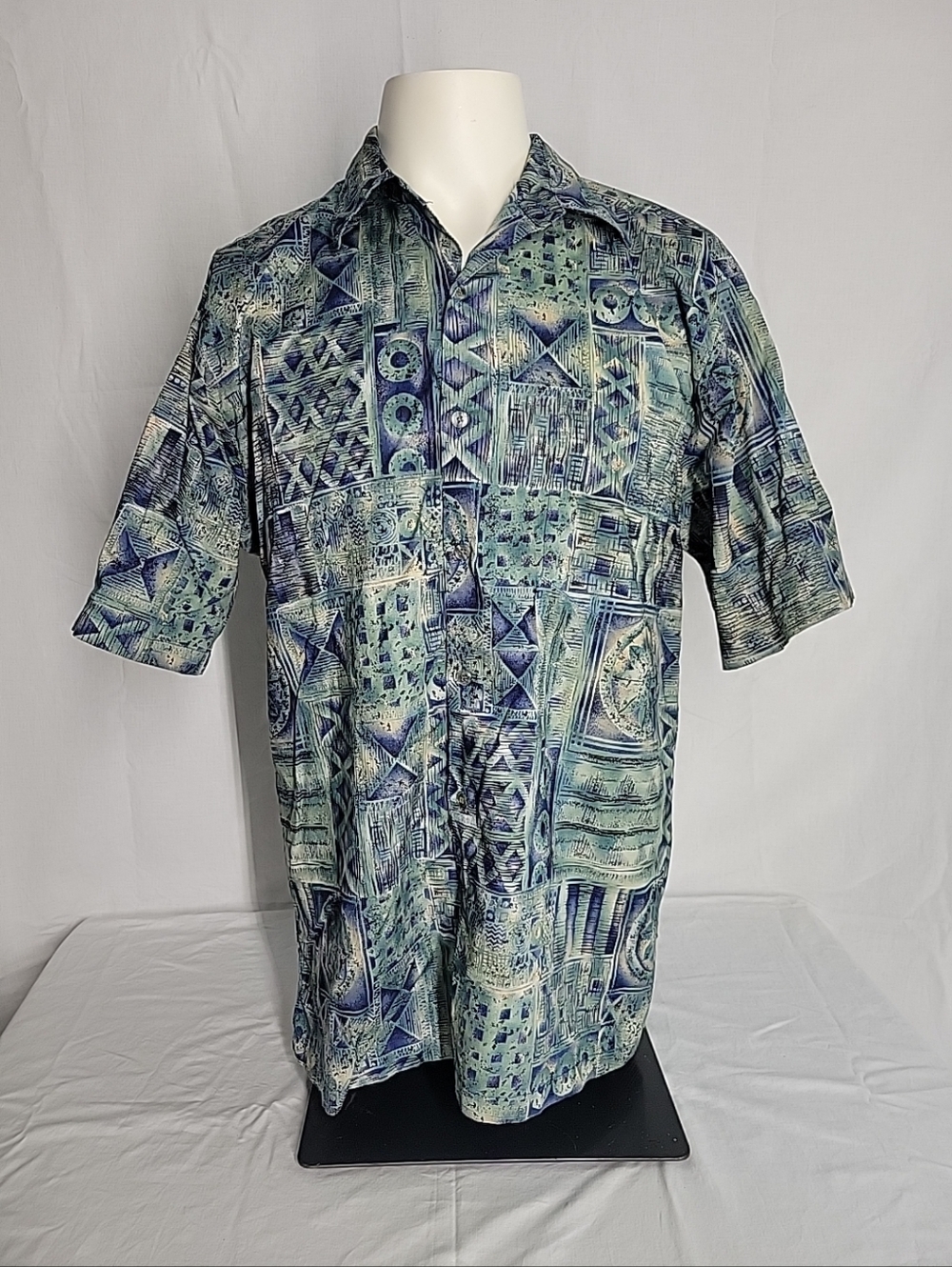 Men's Tori Richard Short-Sleeve Button Shirt - Blue Green Geometric Print